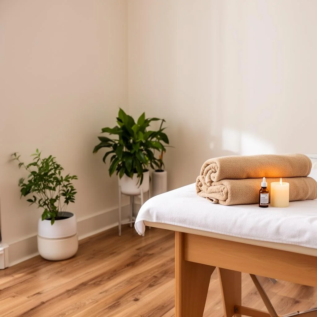 Friskvårdsmassage, massageolja och handdukar i behandlingsmiljö för återhämtning Friskvårdsmassage, massageolja och handdukar i behandlingsmiljö för återhämtning