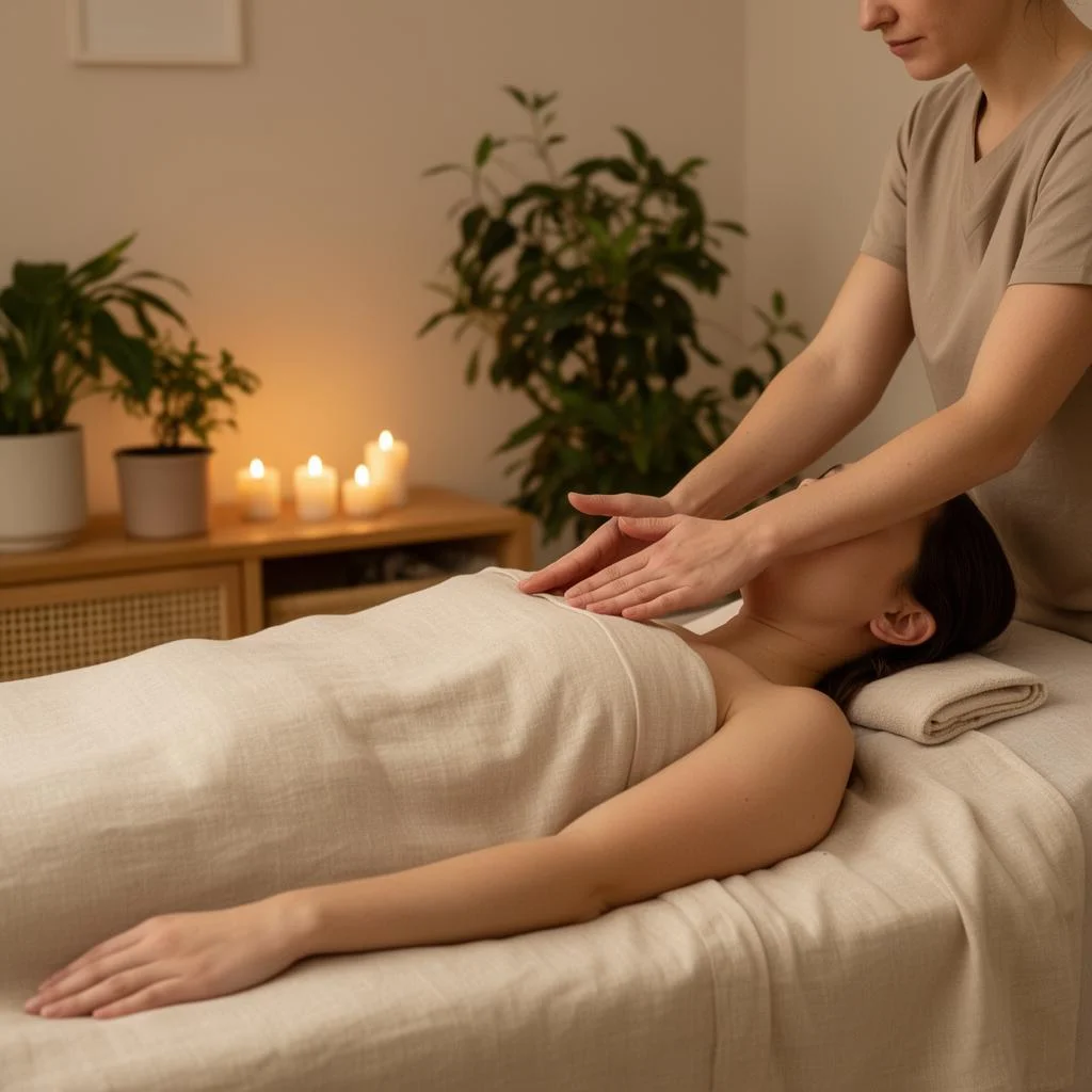 Reiki energibehandling, händer ovanför kroppen för inre ro och återhämtning Reiki energibehandling, händer ovanför kroppen för inre ro och återhämtning